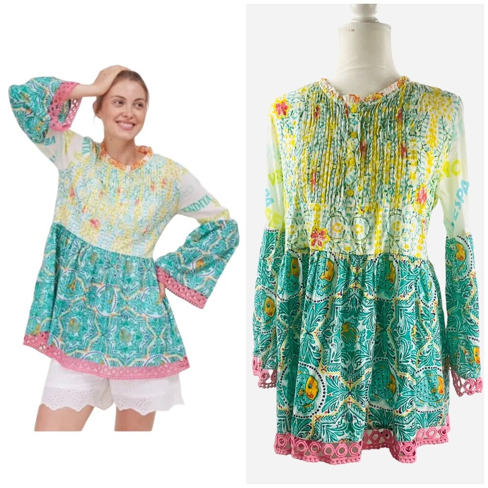 NEW Modaposa Babydoll Bell Sleeve Mixed print Blouse Size S 100% cotton